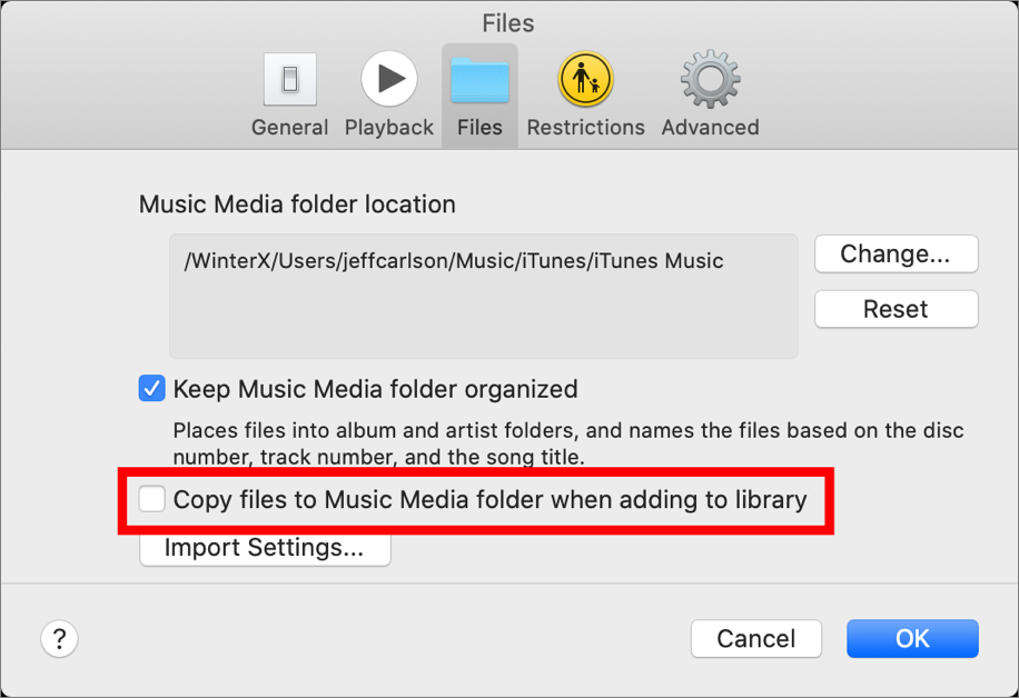 Figure 63: Music references media files in their original locations when this setting is turned off.