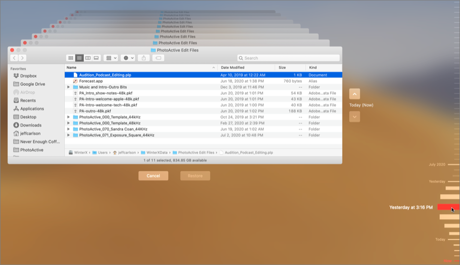 Figure 68: Access files stored in a local snapshot using the same interface as Time Machine.