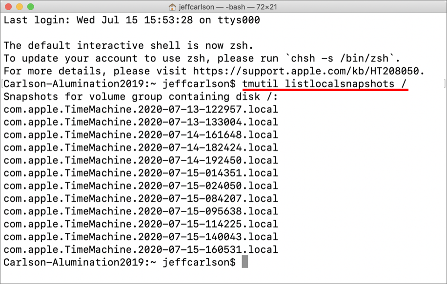 Figure 71: List current local snapshots using Terminal.