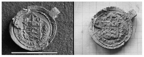 Figure 8.2 Detail of excavated lead bale seal artefact, Ross Factory Archaeology Project 2007. Left: special find artefact 20 after conservation treatment. Right: special find artefact 20 before interventions. Image by permission of Eleanor Conlin Casella