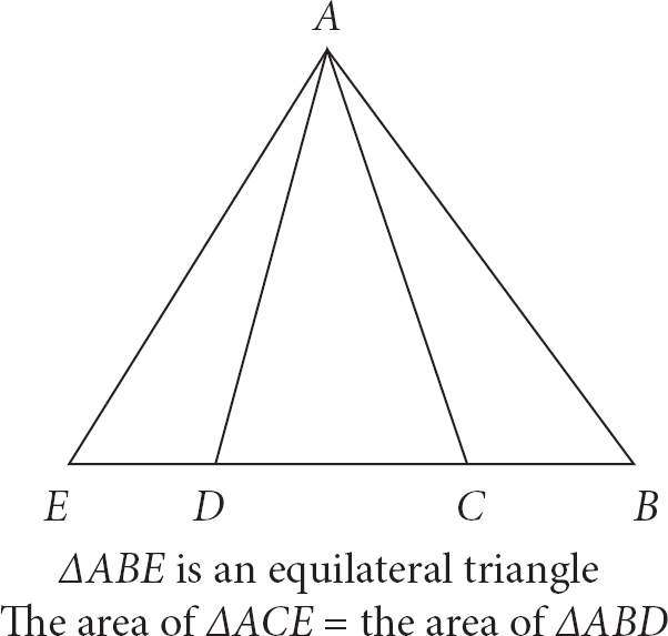 Equilateral triangle ABE is divided by two line segments drawn from vertex A, AD and AC, forming three triangles: ADE, ACD, and ABC.