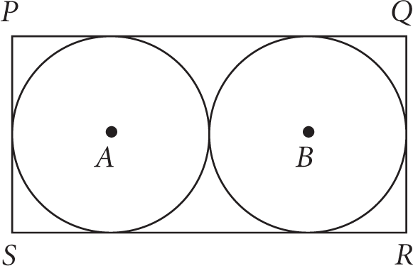 Two circles, with centers A and B, inscribed inside rectangle PQRS.  The two circles intersect one another at exactly one point.