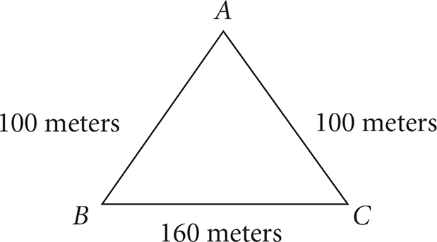 Triangle ABC with side AC equal to 100 meters, BC equal to 160 meters, and AB equal to 100 meters.