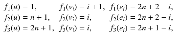 
$$\displaystyle{ \begin{array}{lll} f_{1}(u) = 1, &f_{1}(v_{i}) = i + 1,&f_{1}(e_{i}) = 2n + 2 - i, \\ f_{2}(u) = n + 1, &f_{2}(v_{i}) = i, &f_{2}(e_{i}) = 2n + 2 - i, \\ f_{3}(u) = 2n + 1,&f_{3}(v_{i}) = i, &f_{3}(e_{i}) = 2n + 1 - i,\end{array} }$$
