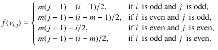 
$$\displaystyle{ f(v_{i,j}) = \left \{\begin{array}{ll} m(j - 1) + (i + 1)/2, &\mbox{ if}\ i\ \mbox{ is odd and}\ j\ \mbox{ is odd}, \\ m(j - 1) + (i + m + 1)/2,&\mbox{ if}\ i\ \mbox{ is even and}\ j\ \mbox{ is odd}, \\ m(j - 1) + i/2, &\mbox{ if}\ i\ \mbox{ is even and}\ j\ \mbox{ is even}, \\ m(j - 1) + (i + m)/2, &\mbox{ if}\ i\ \mbox{ is odd and}\ j\ \mbox{ is even}.\\ \end{array} \right. }$$
