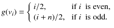 
$$\displaystyle{ g(v_{i}) = \left \{\begin{array}{ll} i/2, &\mbox{ if}\ i\ \mbox{ is even},\\ (i + n)/2, &\mbox{ if} \ i\ \mbox{ is odd}. \end{array} \right. }$$
