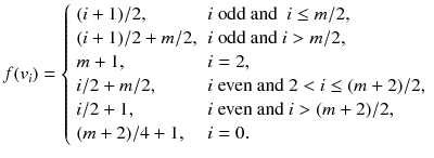 
$$\displaystyle{ f(v_{i}) = \left \{\begin{array}{ll} (i + 1)/2, &i\ \text{odd and }\ i \leq m/2, \\ (i + 1)/2 + m/2,&i\ \text{odd and}\ i> m/2, \\ m + 1, &i = 2, \\ i/2 + m/2, &i\ \text{even and}\ 2 <i \leq (m + 2)/2, \\ i/2 + 1, &i\ \text{even and}\ i> (m + 2)/2, \\ (m + 2)/4 + 1, &i = 0. \end{array} \right. }$$
