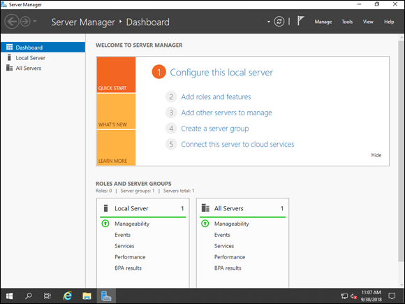 Screen capture of the Server Manager window depicting all the configuration tasks.