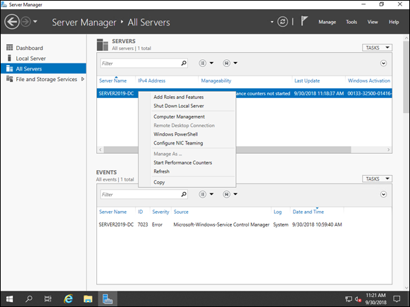 Screen capture depicting a drop-down menu with some of the options available through the Server Manager menu.