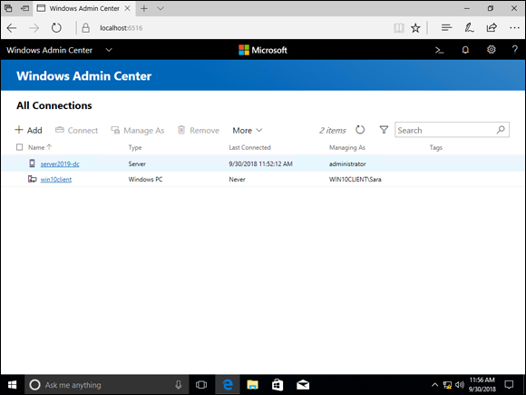 Screen capture depicting Internet Explorer browser at localhost:6516 page with all connected devices on the All Connections page.