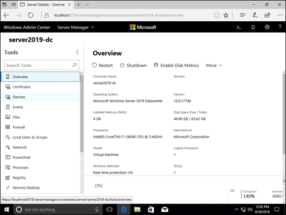 Screen capture depicting Internet Explorer browser with server2019-dc and an overview of the system as well as some management options.