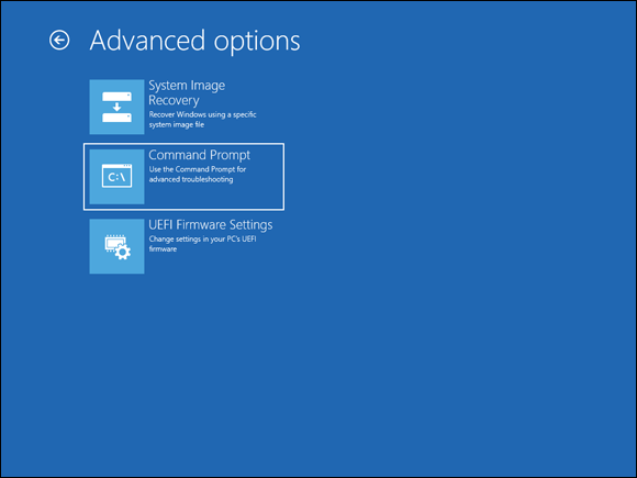 Screen capture depicting  Advanced Options screen with Command Prompt option selected.