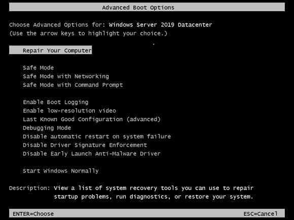 Screen capture depicting  Advanced Boot Options menu with Repair your computer and Safe Mode options.