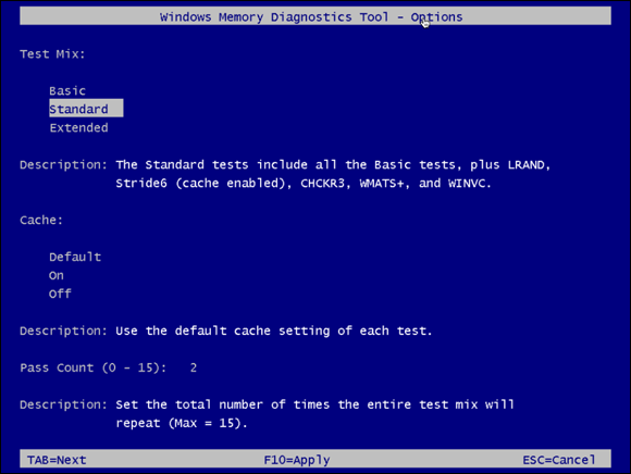 Screen capture depicting  Windows Memory Diagnostics Tool options with Test Mix, Description, Cache, and Pass Count (0–15).