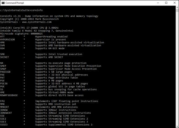 Screen capture depicting the command prompt window for Coreinfo utility features on a Windows system.