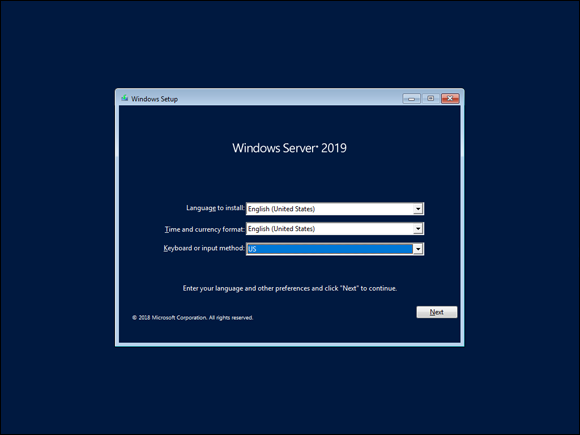 Screen capture depicting first installation screen for Windows Server 2019 with Language, Keyboard, and Time options.