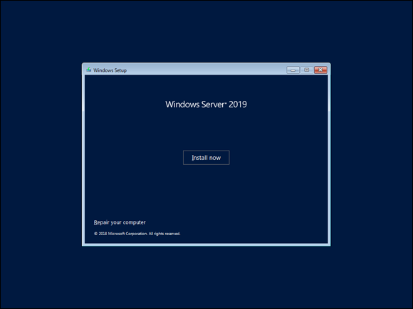 Screen capture depicting Windows Server 2019 Install now button.