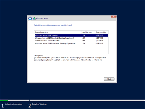 Screen capture depicting Windows Setup window with Windows Server 2019 Standard option selected.