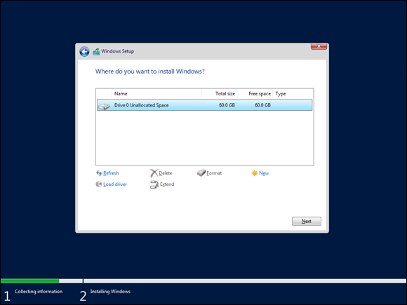 Screen capture depicting Windows Setup window with Drive 0 selected.