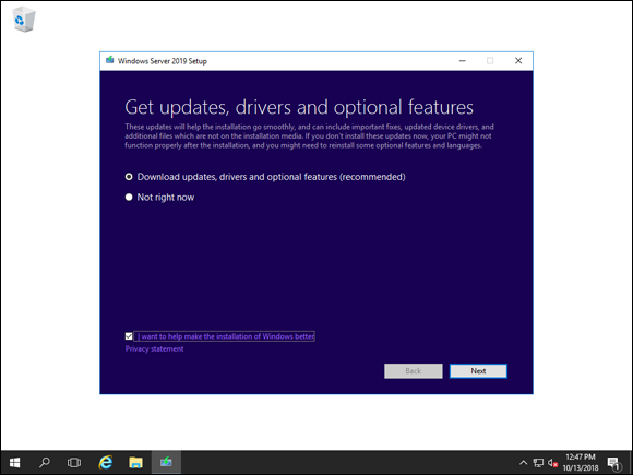 Screen capture depicting Windows Setup window with download updates and drivers option selected.