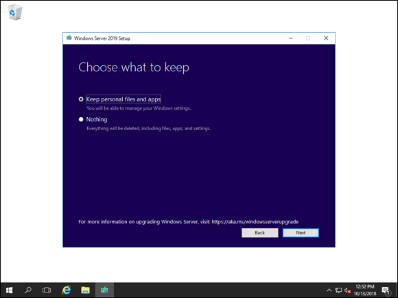 Screen capture depicting Windows Setup window with Keep Personal Files and Apps option selected.