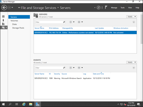 Screen capture depicting File and Storage Services management window.