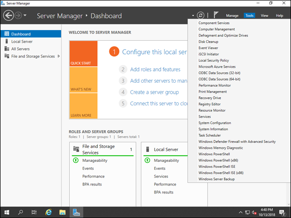 Screen capture depicting Tools menu in Server Manager.