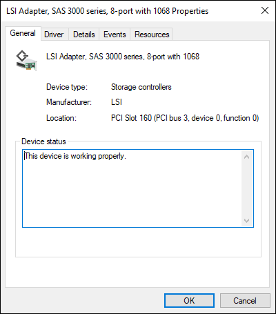 Screen capture depicting General tab in LSI Adapter dialog.