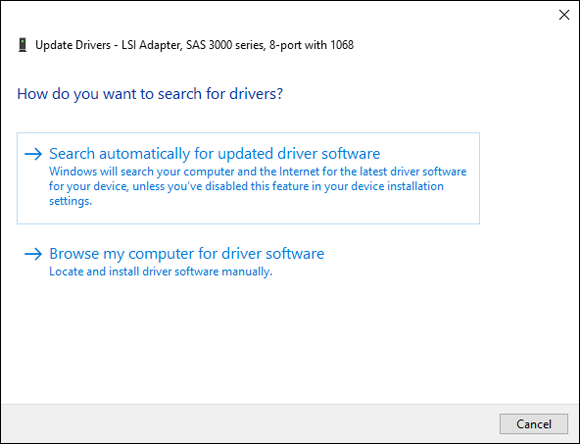 Screen capture depicting Update Drivers LSI Adapter dialog with search automatically for the driver option selected.