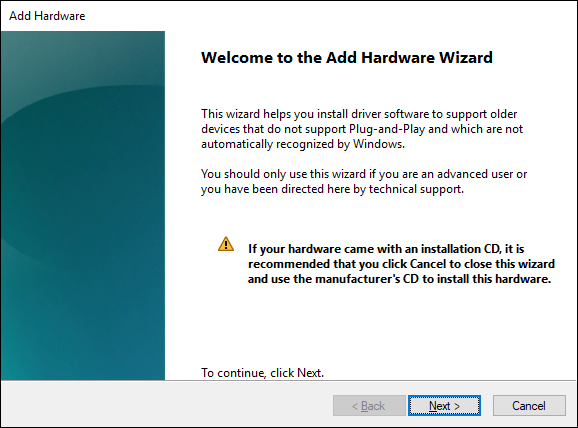 Screen capture depicting Add Hardware Wizard with Next option selected.