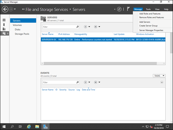 Screen capture depicting Server Manager with Add Roles and Features option in a drop-down menu for Manage.