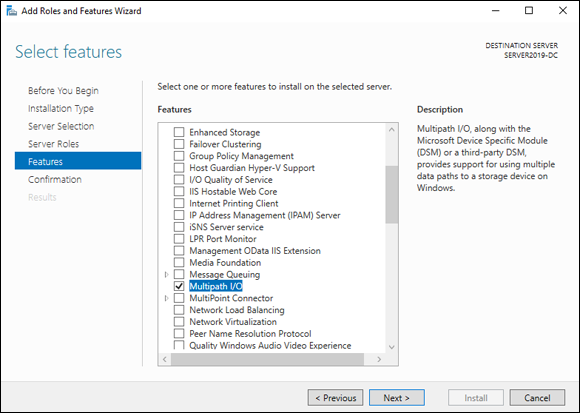 Screen capture depicting Add Roles and Features wizard with Multipath I/O selected.