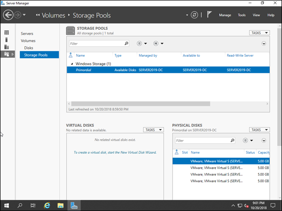 Screen capture depicting Server Manager with Physical Disks on the lower-right side.