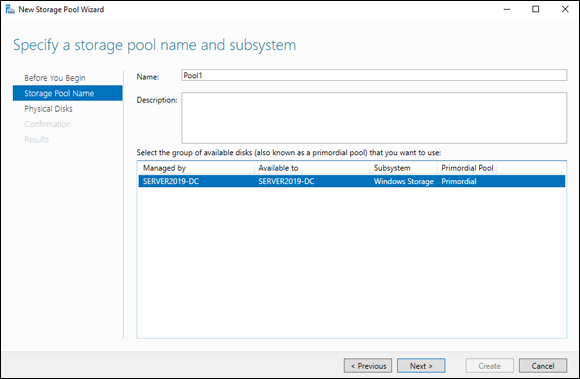 Screen capture depicting New Storage Pool wizard with Storage Pool Name.