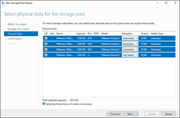 Screen capture depicting New Storage Pool wizard with all options selected in Physical Disks.