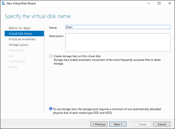 Screen capture depicting New Virtual Disk Wizard with Disk named Disk1.