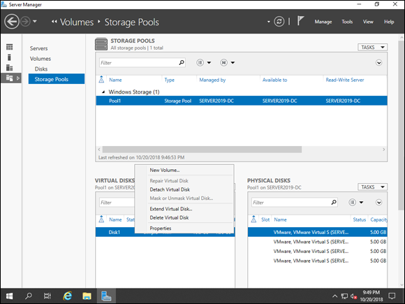 Screen capture depicting Server Manager window with New Volume option in drop-down menu from Disk1.