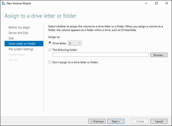 Screen capture depicting Driver Letter or Folder screen from New Volume wizard with E selected.