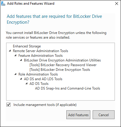 Screen capture depicting Add Roles and Features wizard with install additional features for BitLocker Drive Encryption.