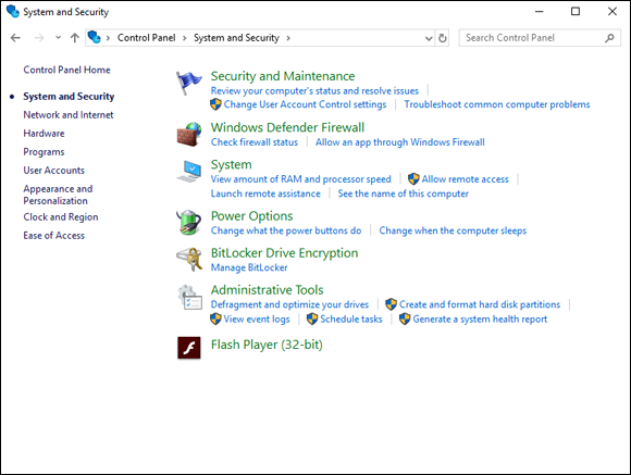 Screen capture depicting System and Security window with Manage BitLocker option under BitLocker Drive Encryption.