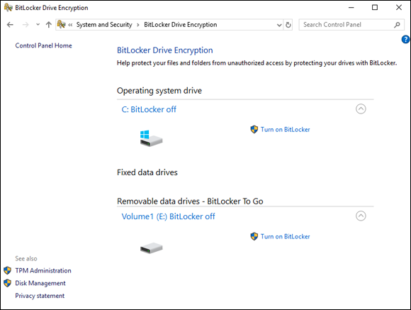 Screen capture depicting  BitLocker Drive Encryption window with Turn on BitLocker for Volume1 option.