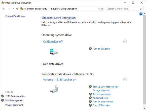 Screen capture depicting  BitLocker Drive Encryption window with BitLocker To Go enabled on Volume1.