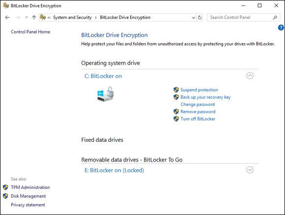 Screen capture depicting  BitLocker Drive Encryption window with BitLocker enabled on all the drives.