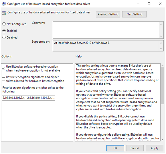 Screen capture depicting  Use BitLocker Software-Based Encryption When Hardware Encryption Is Not Available selected in Configure window.