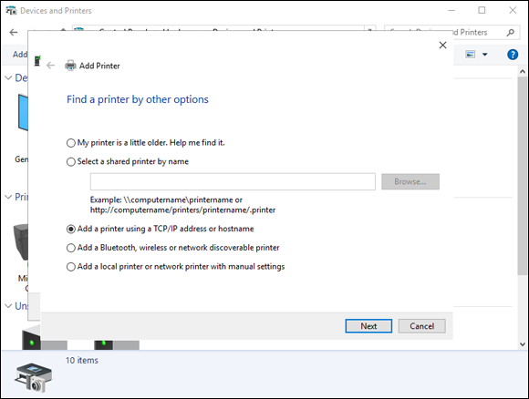 Screen capture depicting Add a Printer Using a TCP/IP Address or Hostname in Add Printer dialog box.