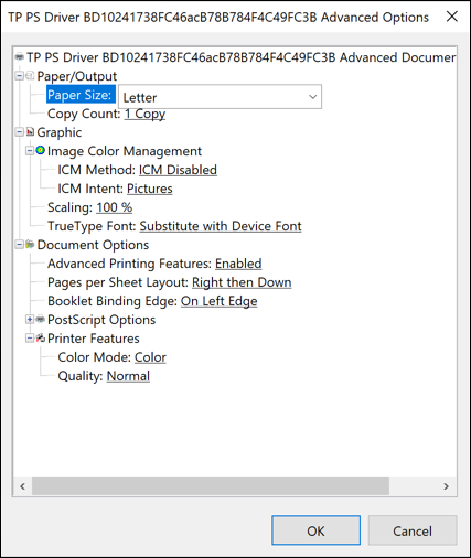 Screen capture depicting Printer dialog box with printer settings options.