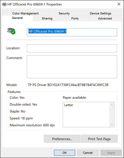 Screen capture depicting Printer properties dialog box with printer settings options.