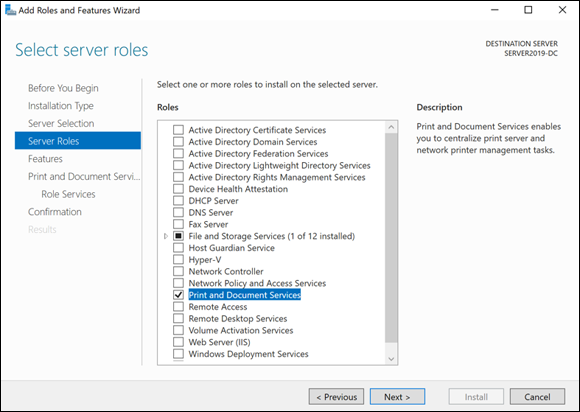 Screen capture depicting Add Roles and Features wizard with Print and Document Services selected in Server Roles.