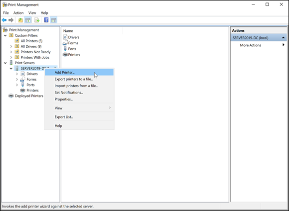 Screen capture depicting Print Management dialog box drop-down menu with Add Printer option selected.