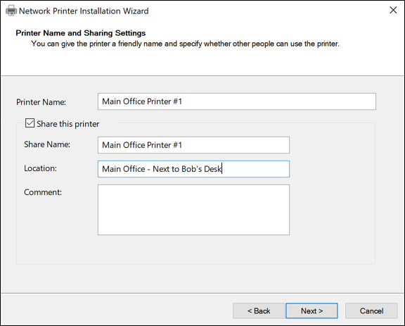 Screen capture depicting Network Printer Installation Wizard with printer named Main Office Printer #1.